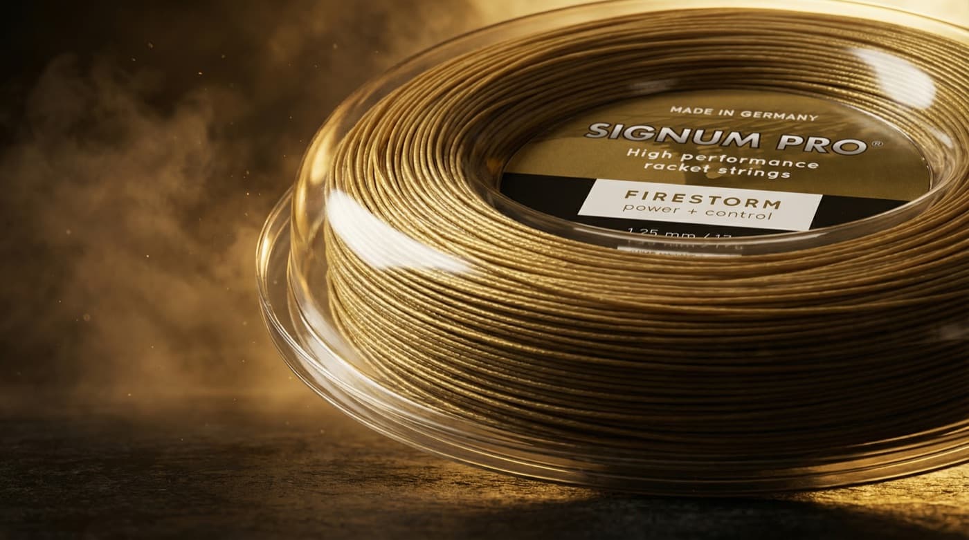 Signum Pro Firestorm Tennissaite Nahaufnahme — Gold Metallic Co-Polyester